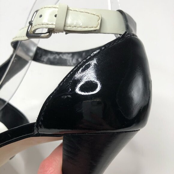 Franco SARTO Shiny Black Silver Patent Leather T-Strap Colorblock Sandal Heels - Picture 9 of 13